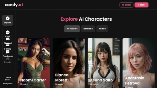 Candy.ai website interface showing several female profile images displayed on a dark layout