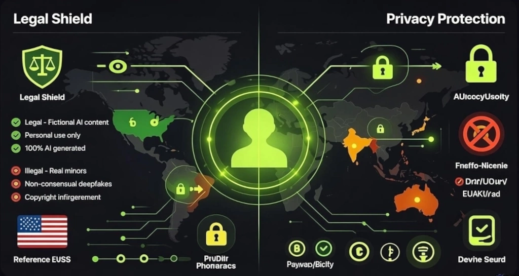 NSFW AI legal status and privacy protection visual showing encrypted user identity, legal boundaries, and regional restrictions