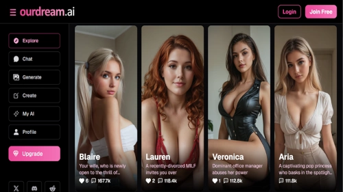 Ourdream.ai website interface showing multiple female profile images displayed in a grid on a dark background