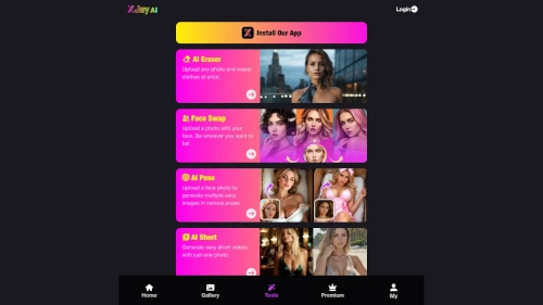 Xjoy.ai website interface showing a vertical layout with multiple image cards on a dark background