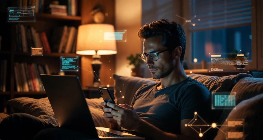 Man using AI tools at home on a laptop and phone in a relaxed evening setting