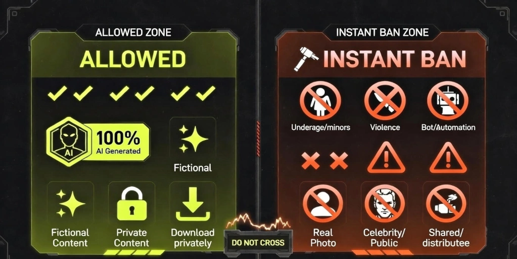 NSFW AI allowed versus banned content visual showing legal fictional use on one side and prohibited actions like minors, real people, and public sharing on the other