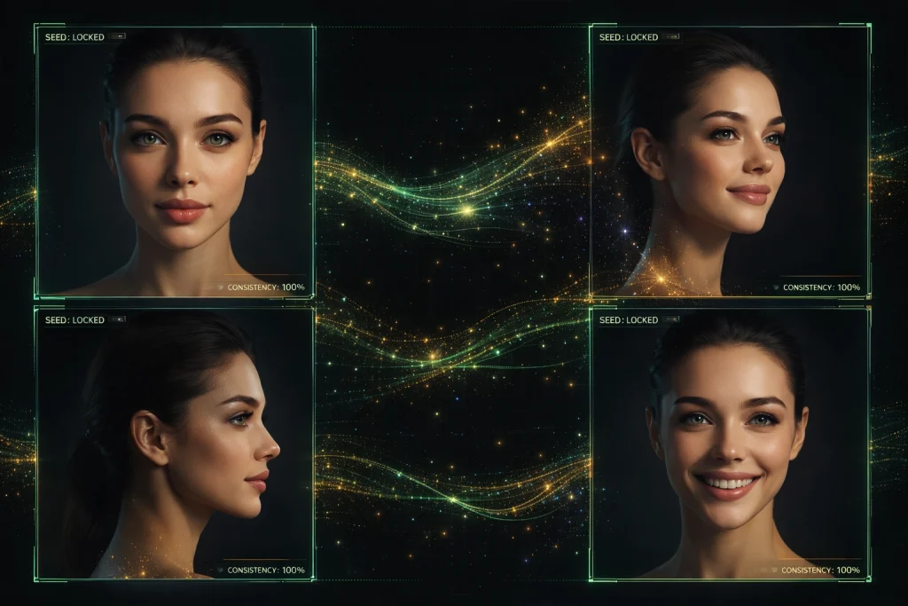 AI Porn Image Generators showing the same AI generated woman with identical facial features across multiple portraits, demonstrating character consistency