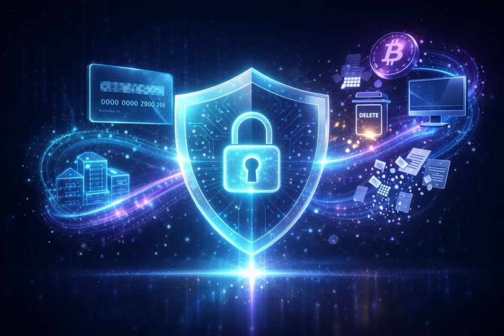 Illustration of data security and privacy protection with digital shield, lock, and icons representing encryption, cryptocurrency, and file management.