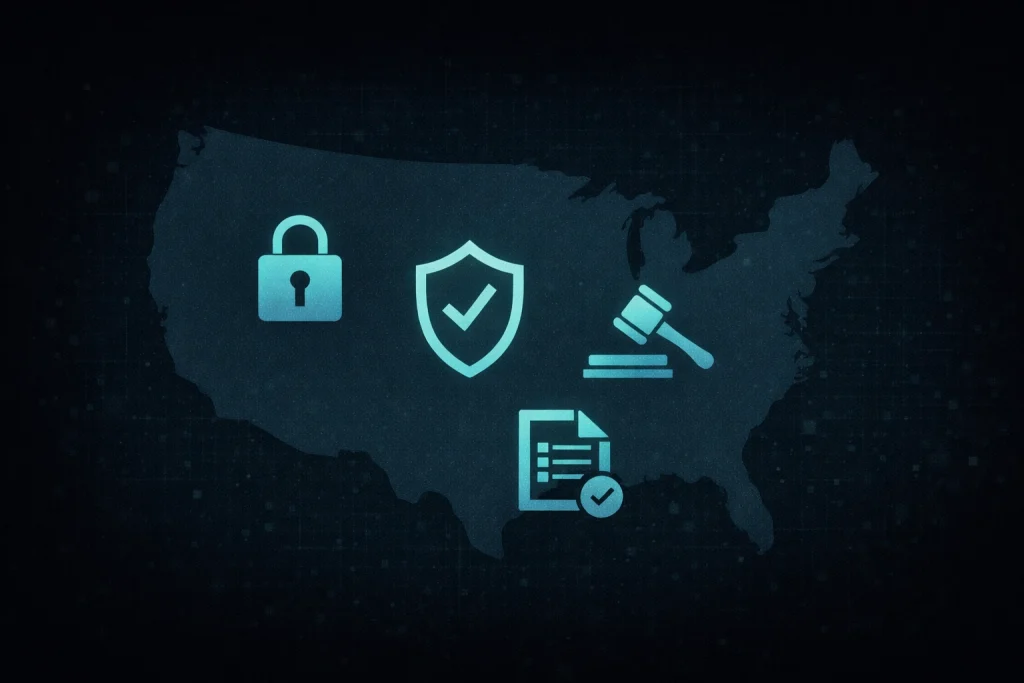 United States map with security and compliance icons