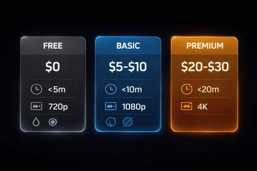 Pricing comparison cards for AI video generation plans showing free, basic, and premium tiers