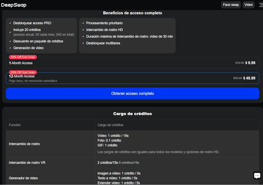 DeepSwap pricing page showing subscription plans, feature access, and credit usage table.