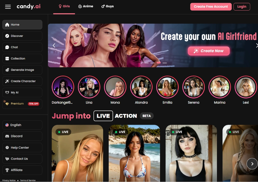 Candy.ai homepage showing a list of live models and a "Create your own AI Girlfriend" banner with a call-to-action button.