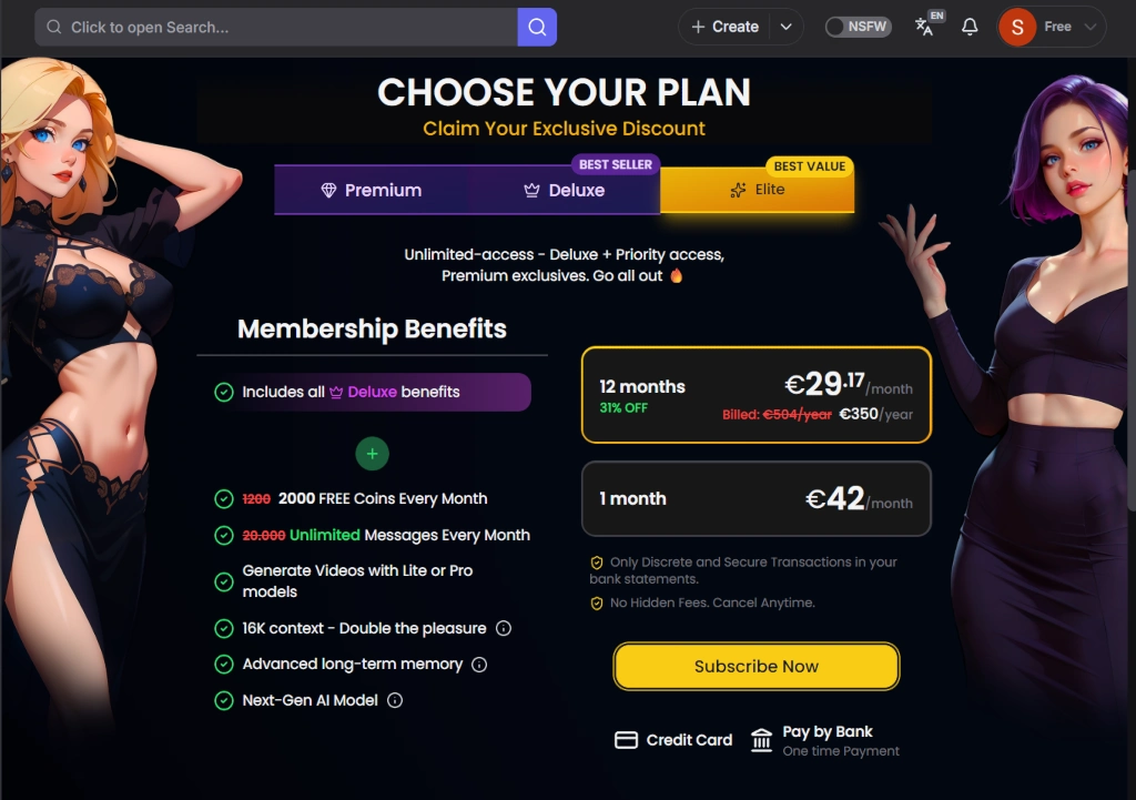 Screenshot of subscription plans for GirlfriendGPT with pricing details and membership benefits.