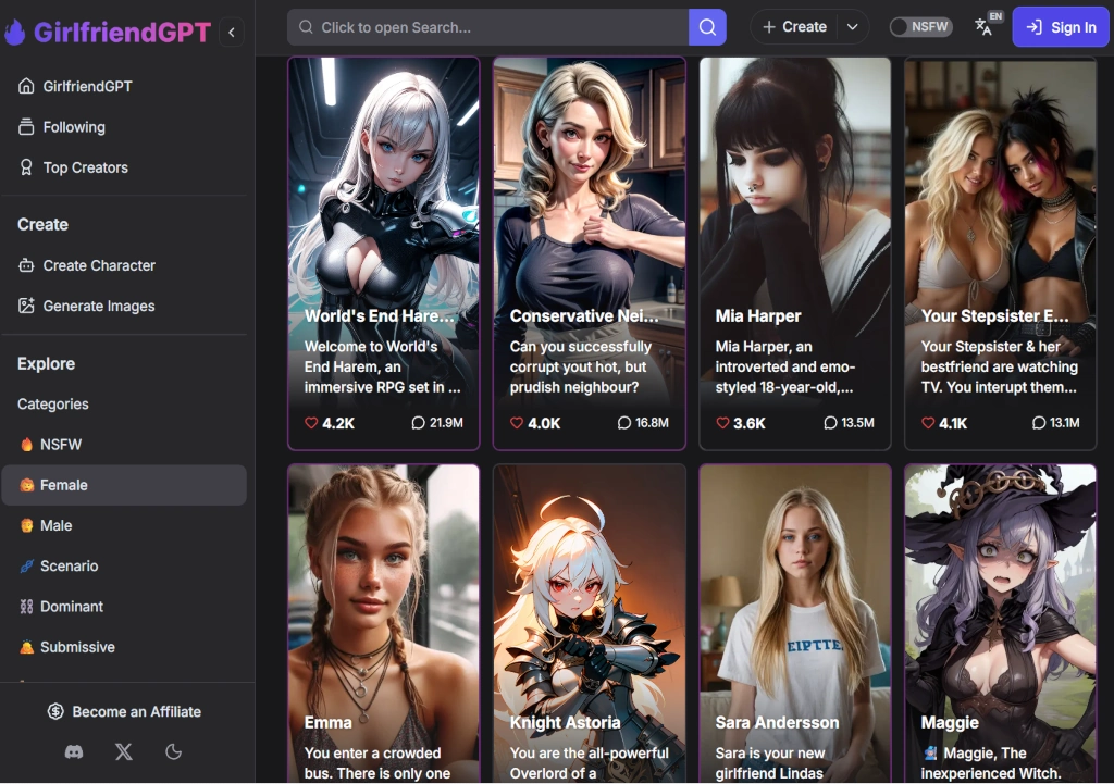 Screenshot of the GirlfriendGPT platform displaying AI-generated characters for interactive chat experiences.