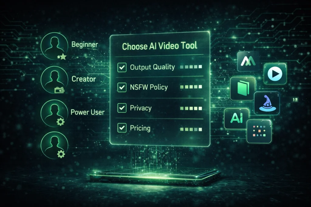 AI video tool selection interface for NSFW video generation