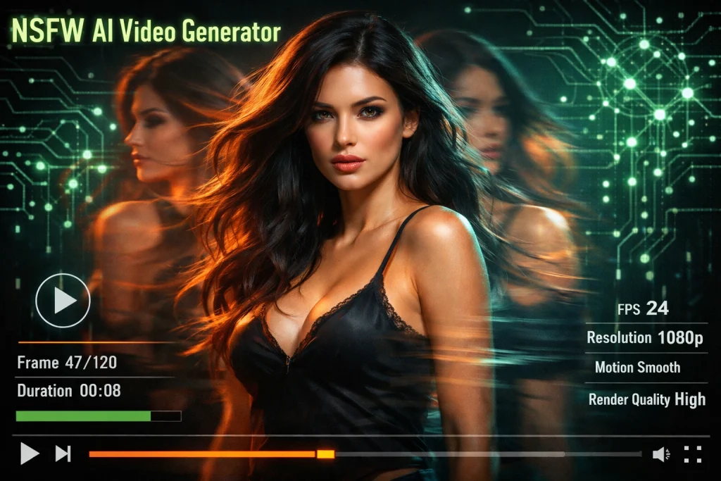 AI generated woman shown inside an NSFW AI video generators interface.