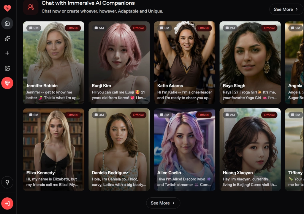 Nectar.ai AI companions chat interface showing various available companions.