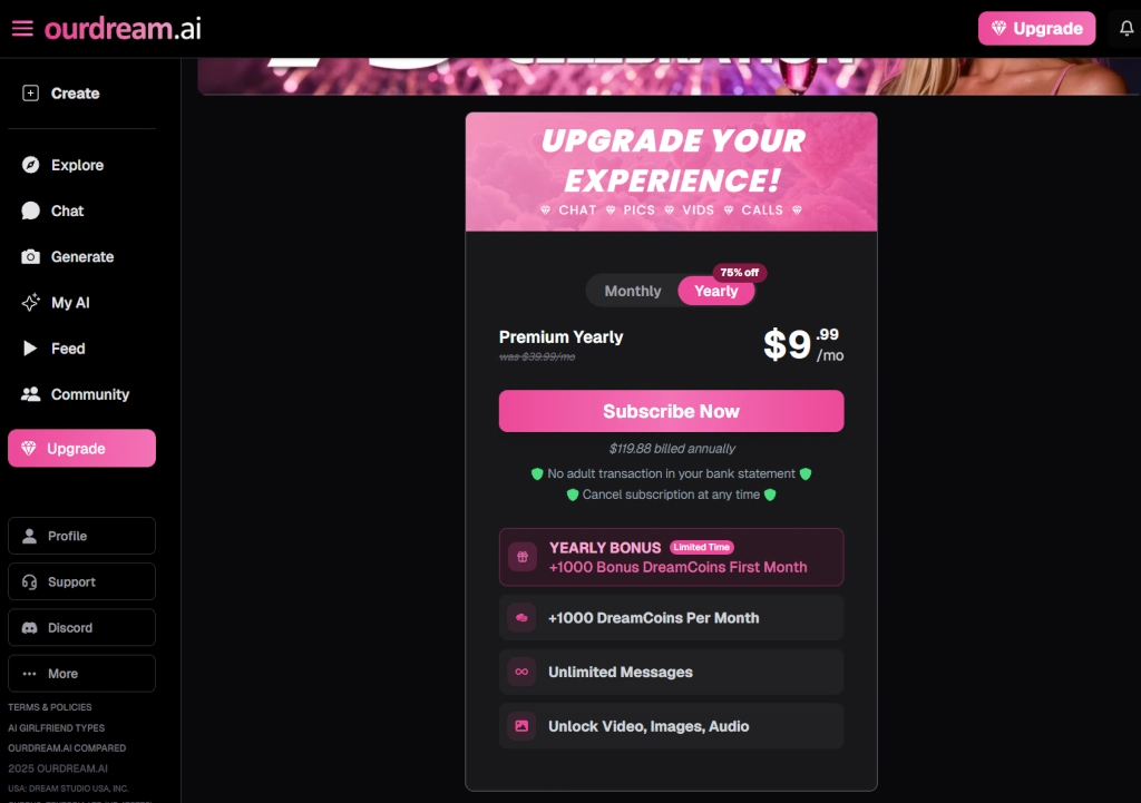 OurDream.ai subscription pricing page with the yearly premium plan offering 75% off.