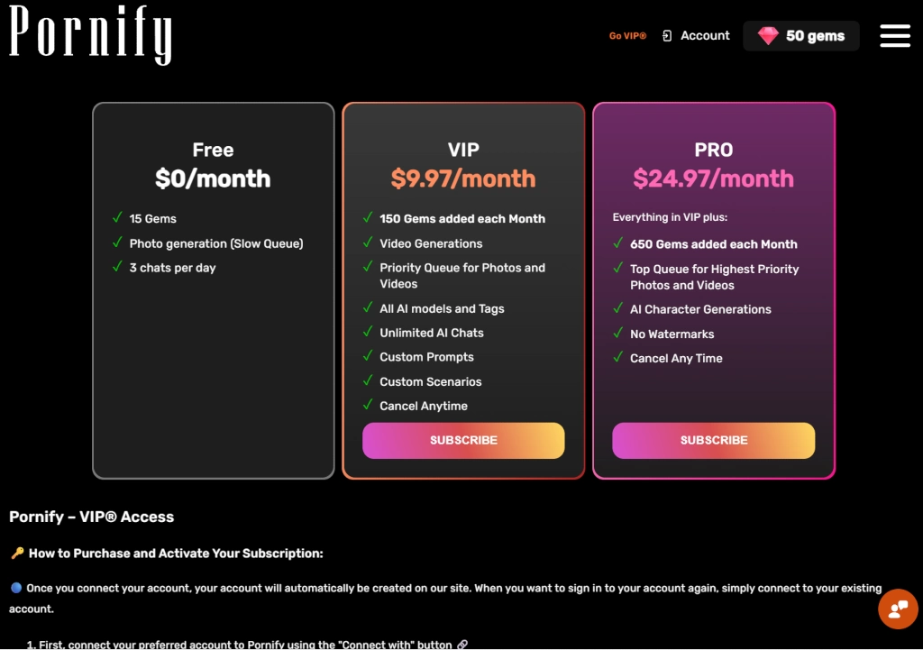 Screenshot showing Pornify.cc's subscription plans