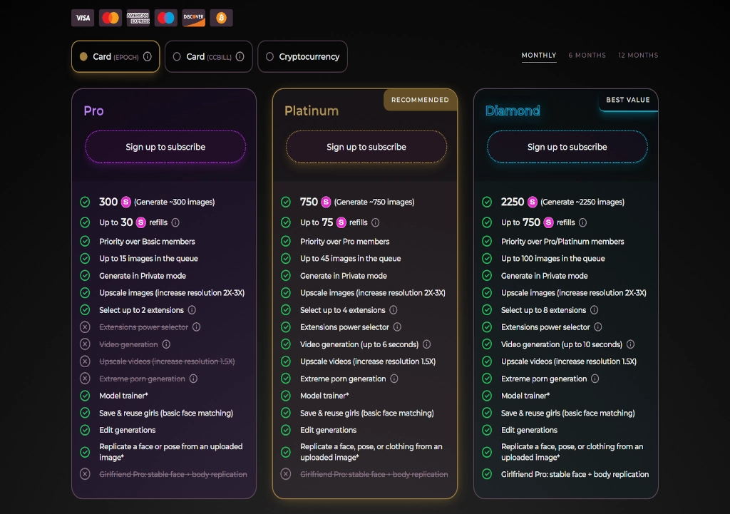Seduced subscription plans comparison screen.