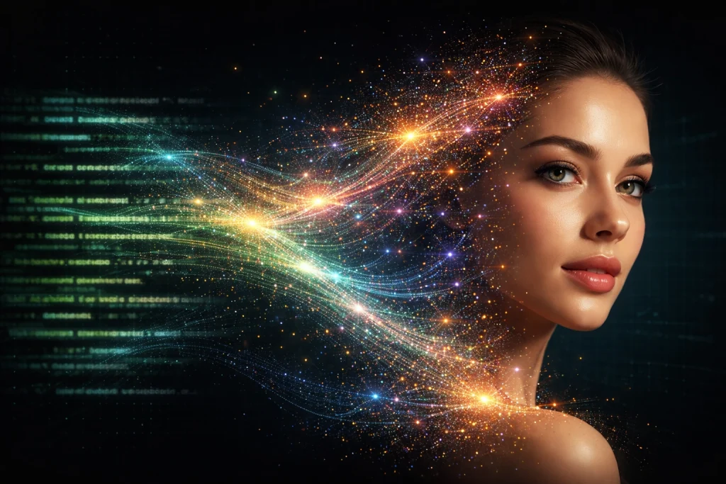 AI Porn Image Generators transforming text prompts into a photorealistic human face through flowing particles and data streams