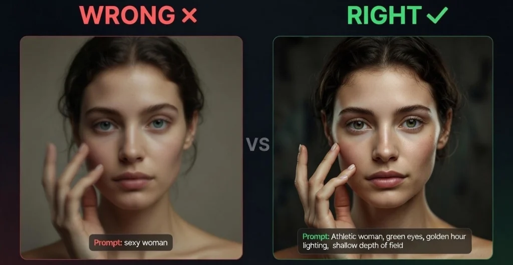Side by side comparison of two AI generated female portraits labeled “Wrong” and “Right,” showing how detailed prompts improve realism, lighting, and facial features.
