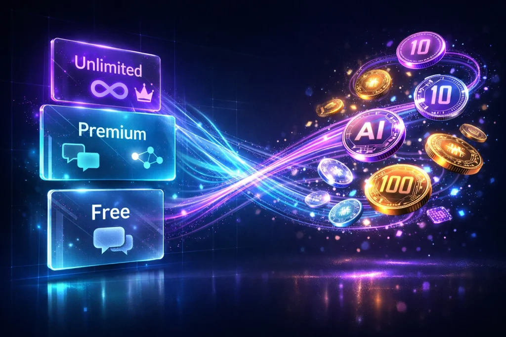 Image showing different subscription plans for AI services: Unlimited, Premium, and Free, with digital tokens and AI-related icons.