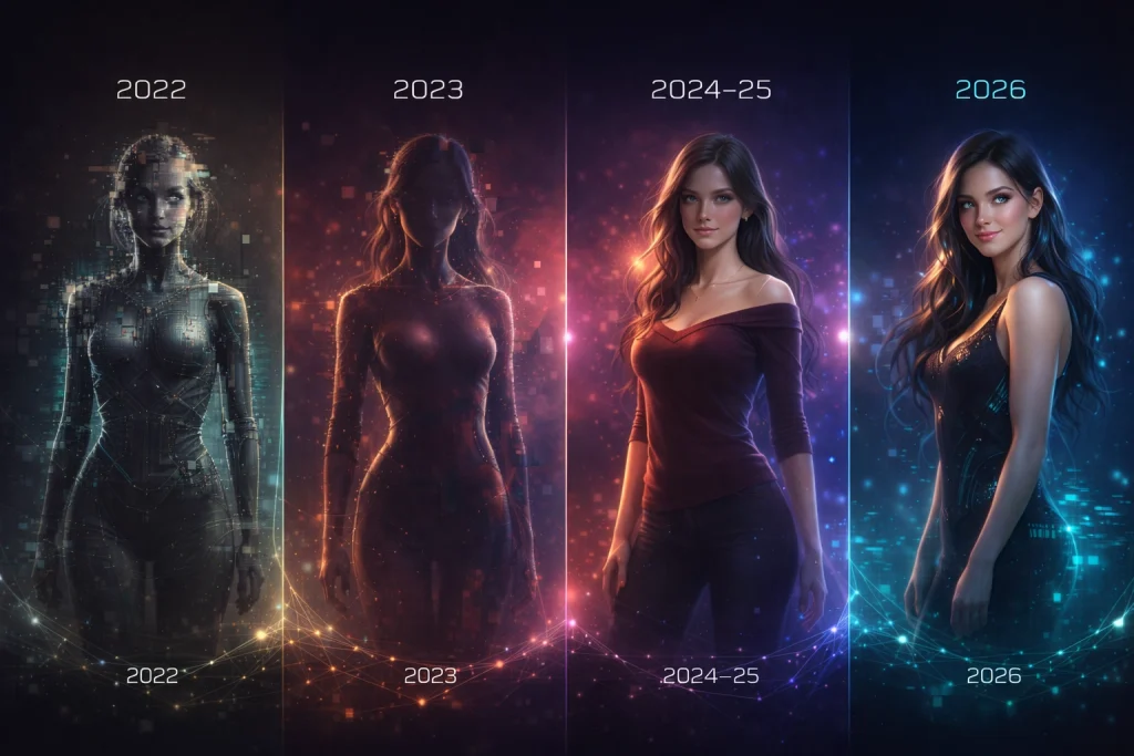 AI Sex Chat evolution timeline showing the progress of AI companions from 2022 to 2026 with futuristic designs and character developments.