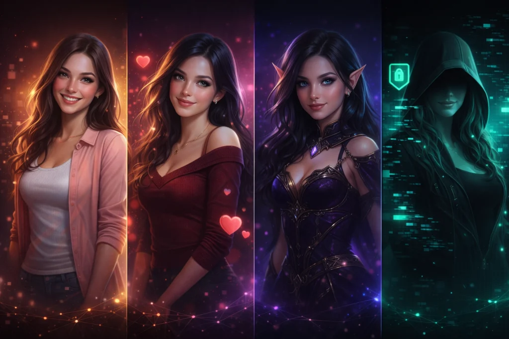 AI Sex Chat types showing four different female characters, each with a different personality or outfit, representing various AI chat platforms.