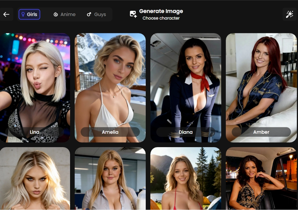 Candy.ai image generate screen with a grid of female portraits.