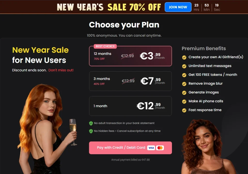 Candy.ai pricing page with subscription plans and New Year sale banner.