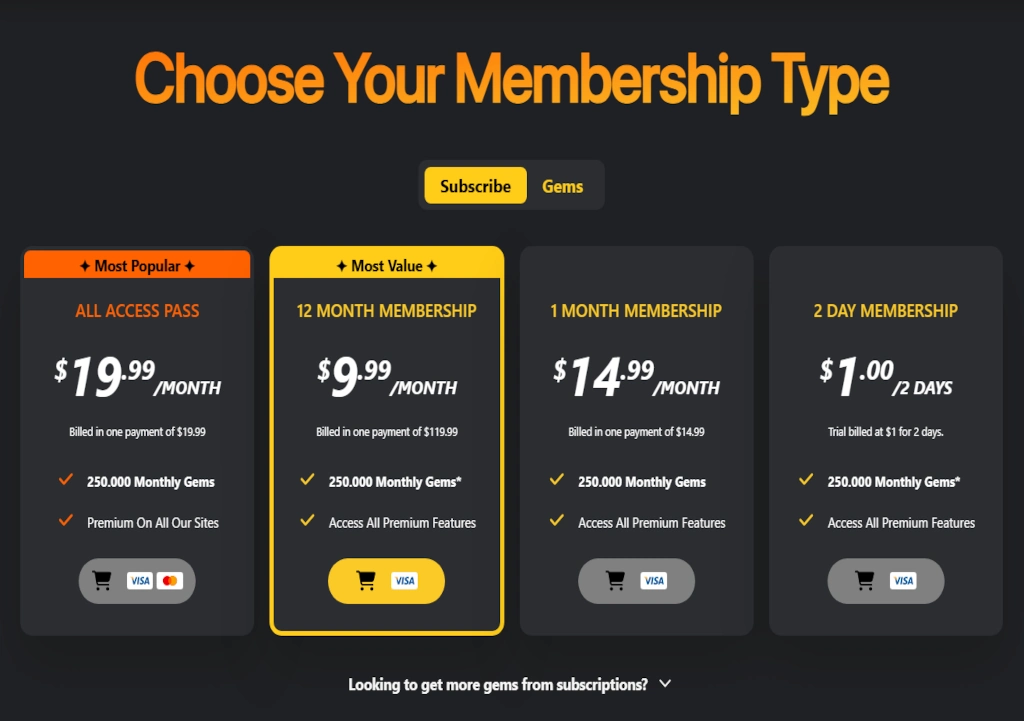 Createporn membership plans selection screen.