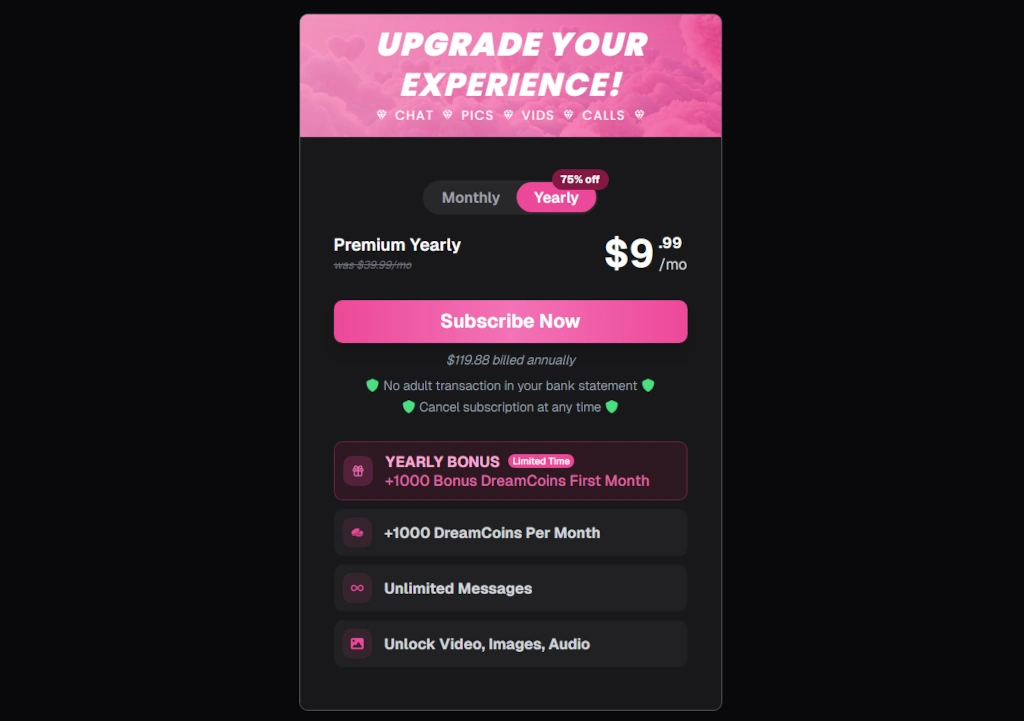 Ourdream.ai premium subscription upgrade screen.