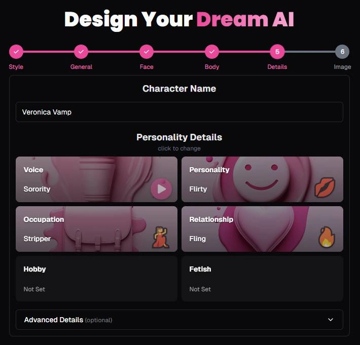 Ourdream.ai character creation screen showing personality and relationship customization options