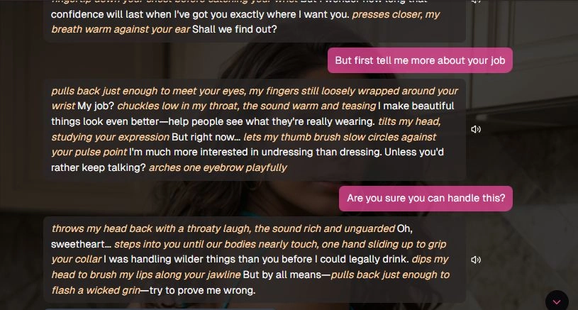 Ourdream.ai chat conversation example showing AI roleplay dialogue and user replies