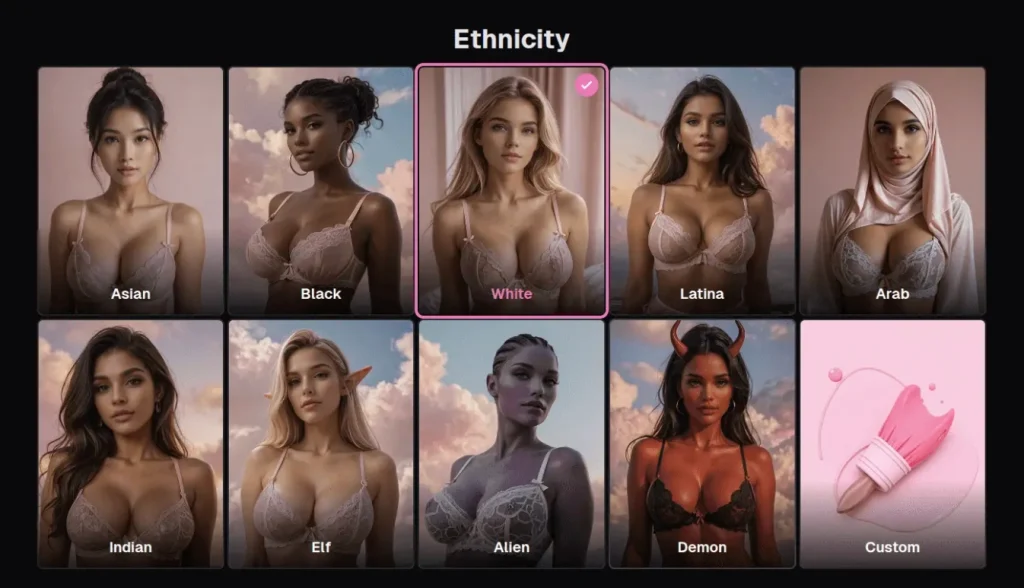 Ourdream.ai ethnicity selection screen for AI character creation with multiple categories