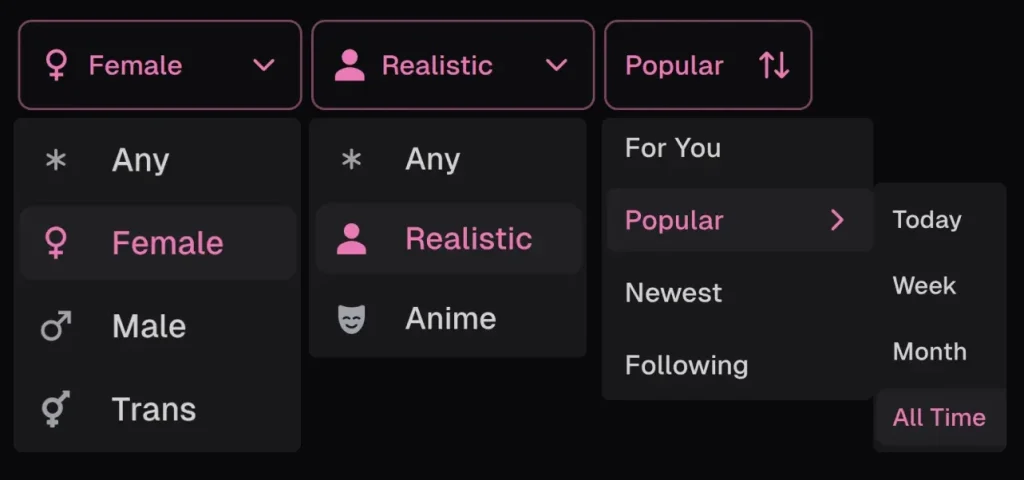 Ourdream.ai filter options showing gender, style, and popularity sorting menus