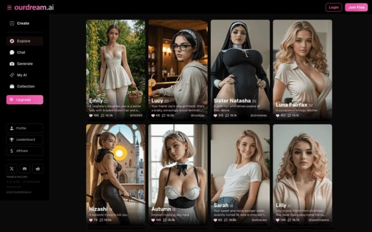 Ourdream.ai roleplay interface showing AI character cards and explore menu