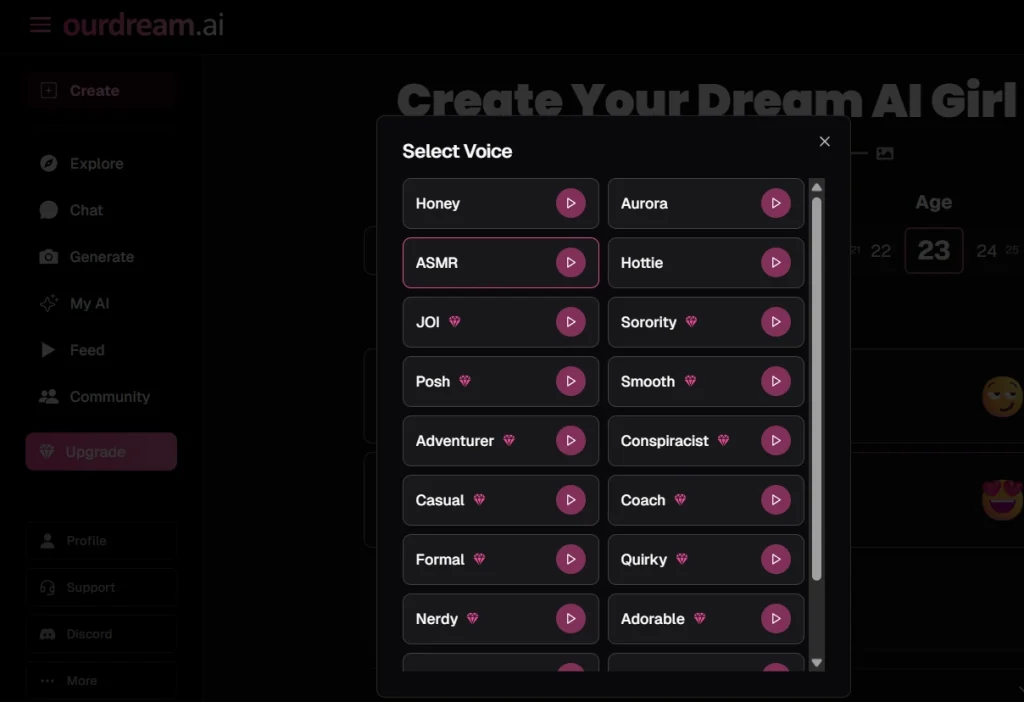 Ourdream.ai voice selection panel showing multiple AI voice options in the character creator