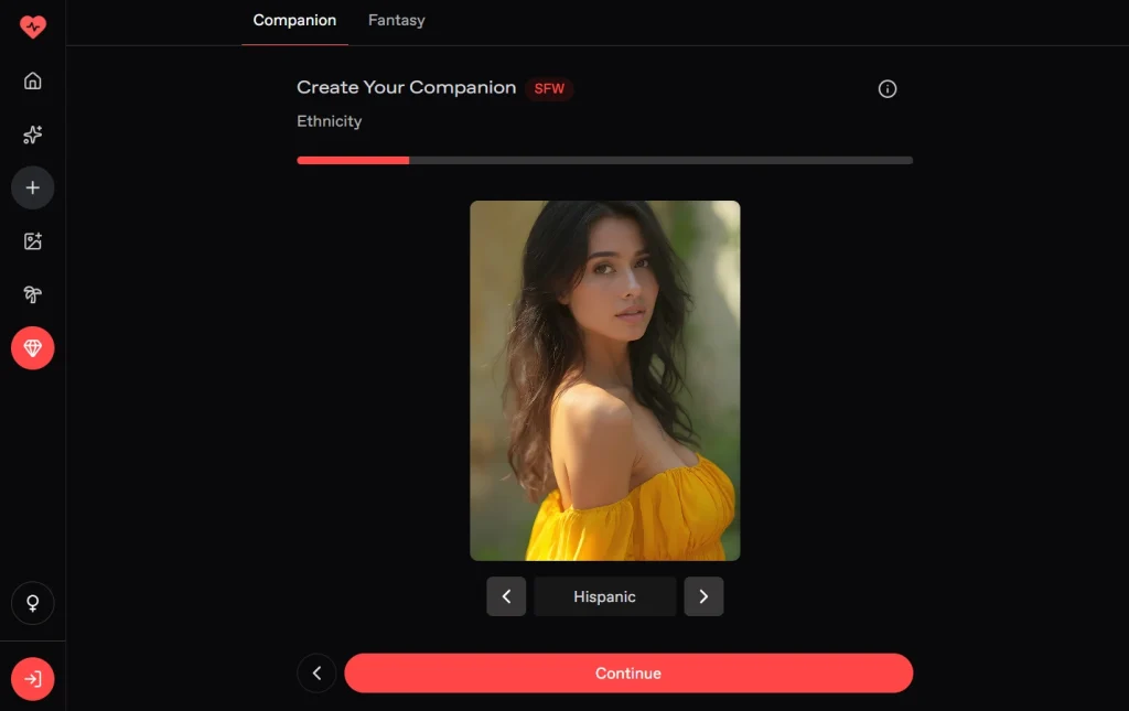 Nectar.ai companion creation screen with ethnicity selection option.