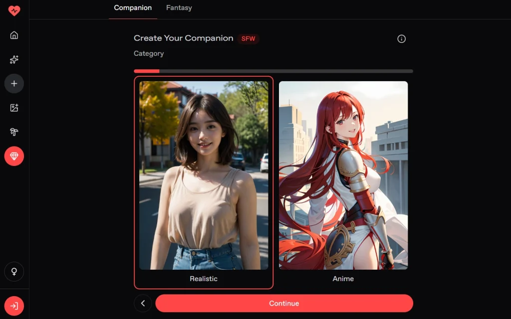Nectar.ai companion category selection screen with realistic and anime options.