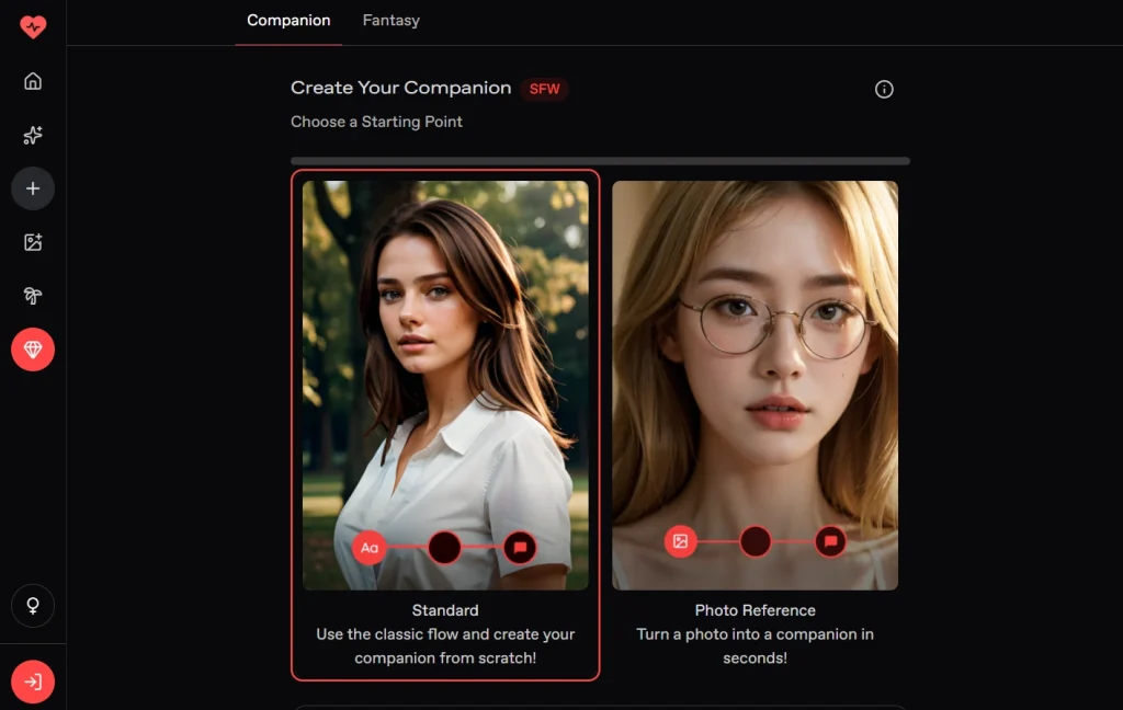 Nectar.ai companion creation starting point selection screen.
