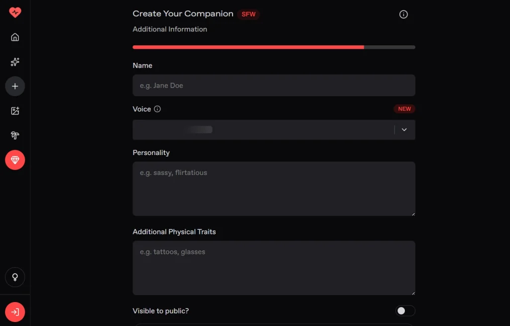 Nectar.ai companion customization screen with personality and voice settings.