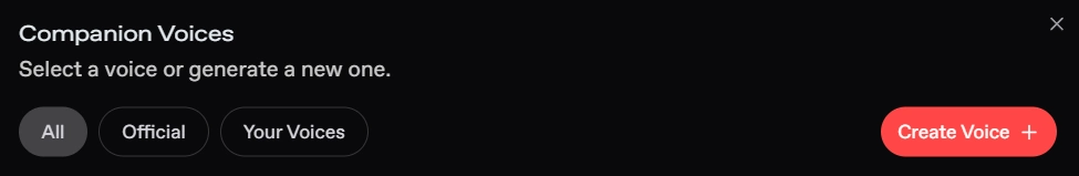 Nectar.ai companion voices selection screen with create voice option